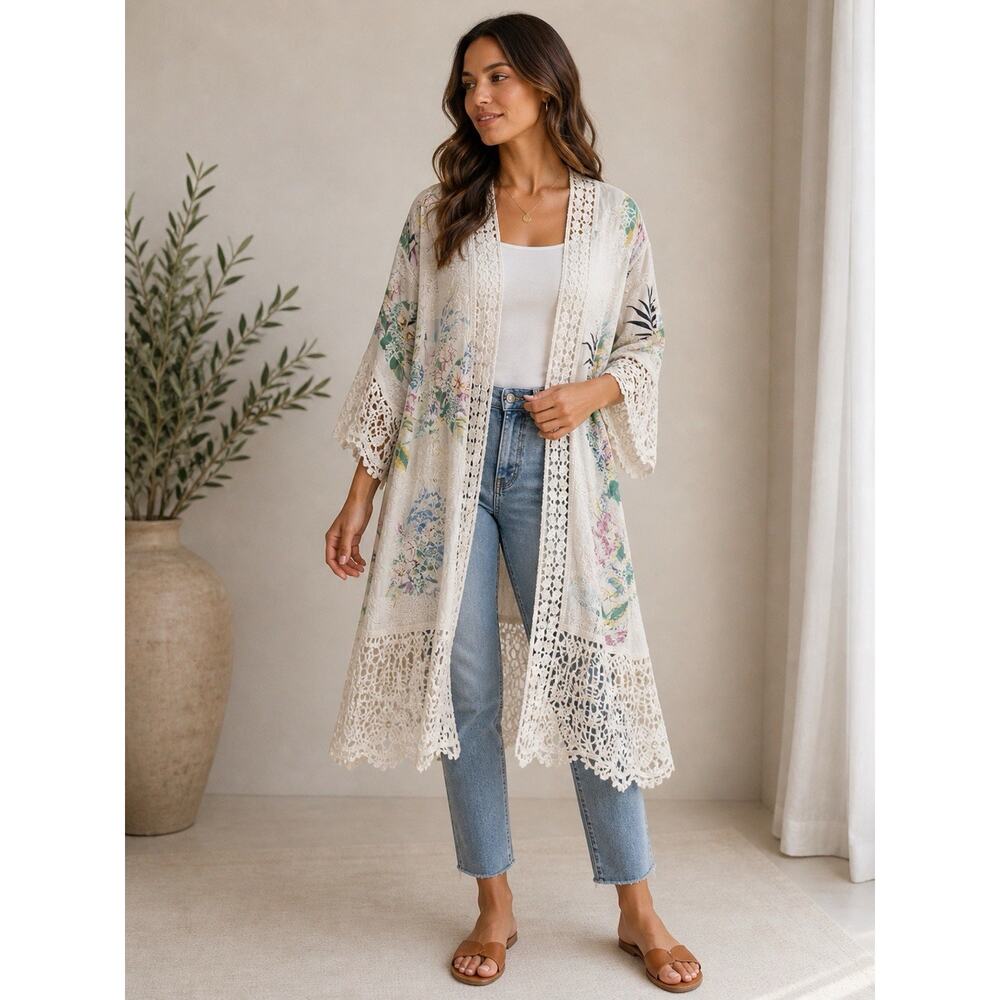 Spiaggia Dolce Womens Kimono Cardigan S Floral Crochet Fairycore Boho Cover Up